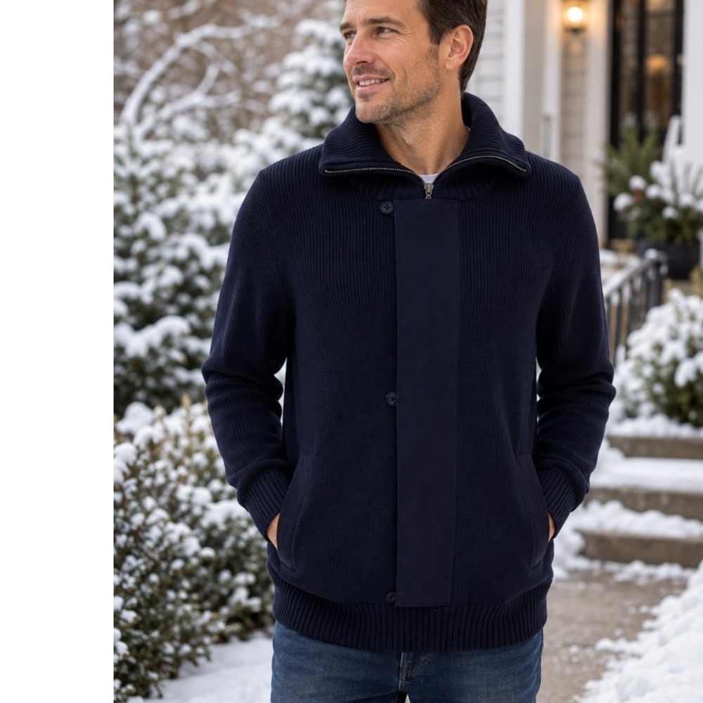 J. Peterman Navy Blue Ribbed Full Zip Cardigan Sweater Elbow Patches Sz XL